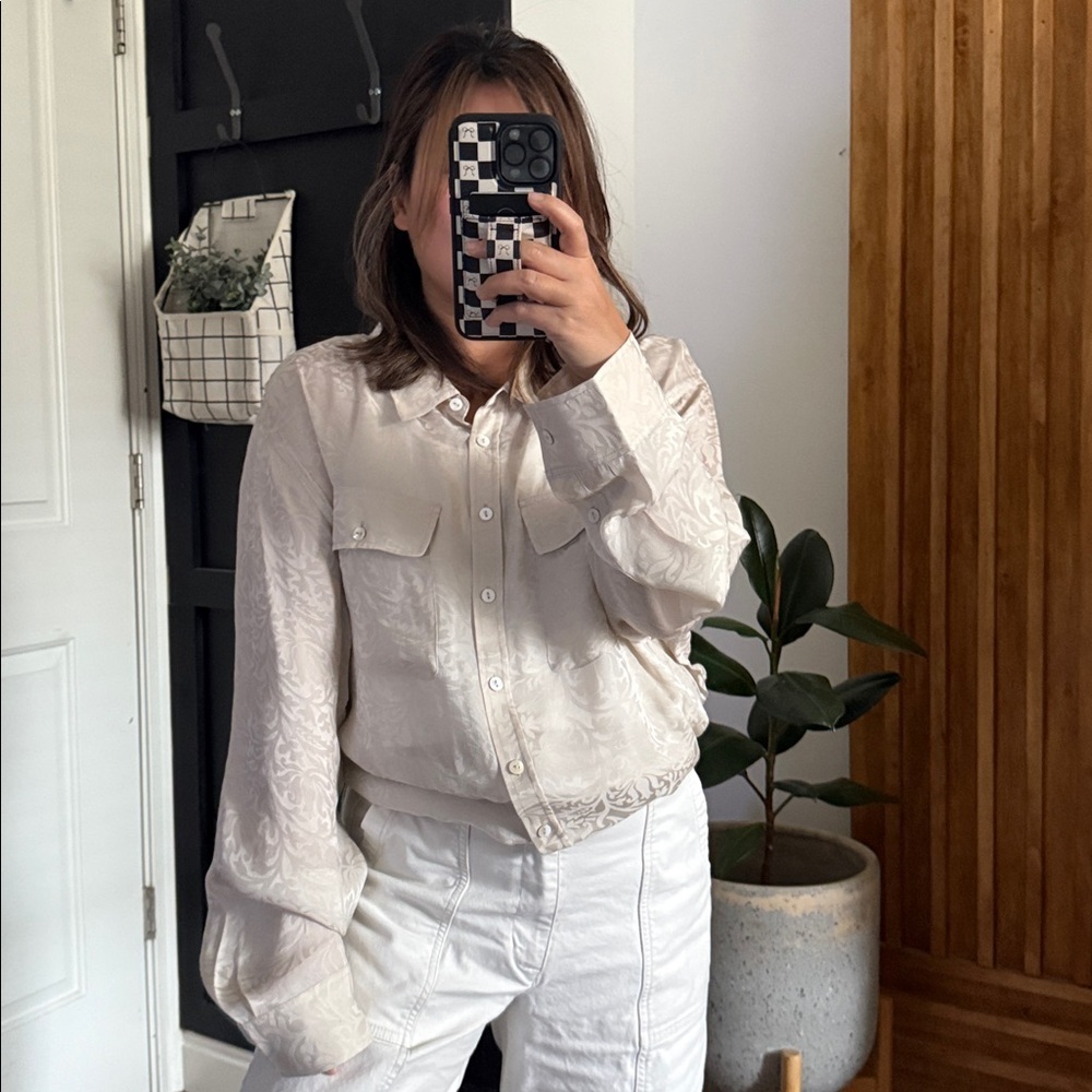 SOFT SURROUNDING 100% Silk Buttonfront Printed Off White Shirt. 3XL